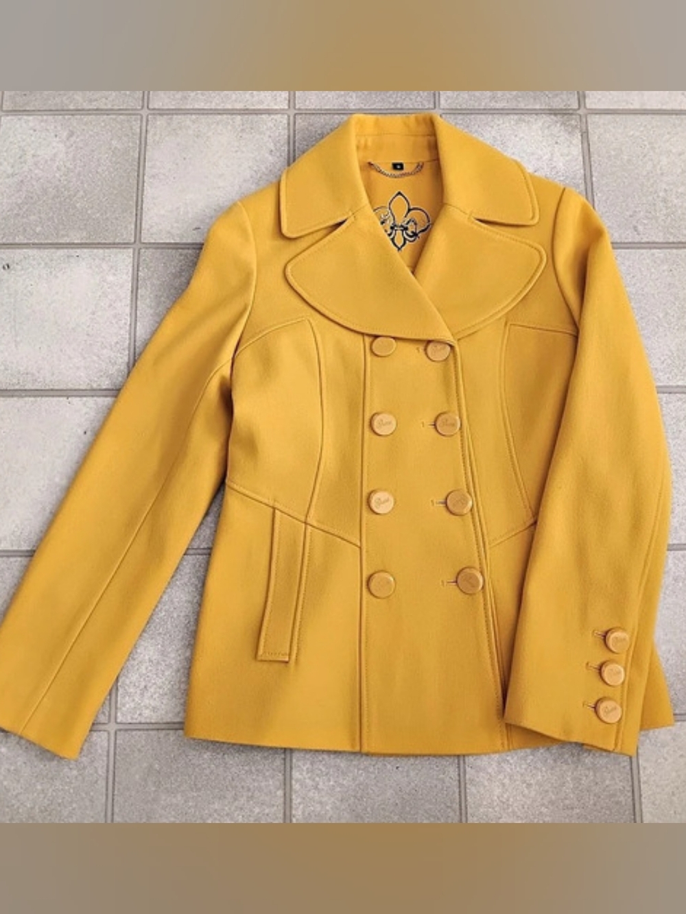 Vintage GUESS Mustard Yellow Double-Breasted Peacoat Jacket Medium